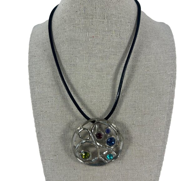 Silver Tone Round Rhinestones Pendant Corded Necklace Open Work Geometric - Picture 1 of 10